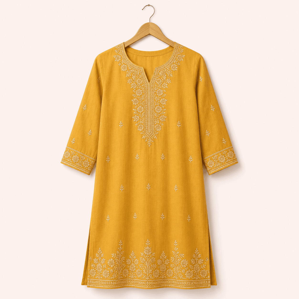 Womenâs Embroidered Cotton Kurti - Mustard & Mint Green - Image 1 of 2