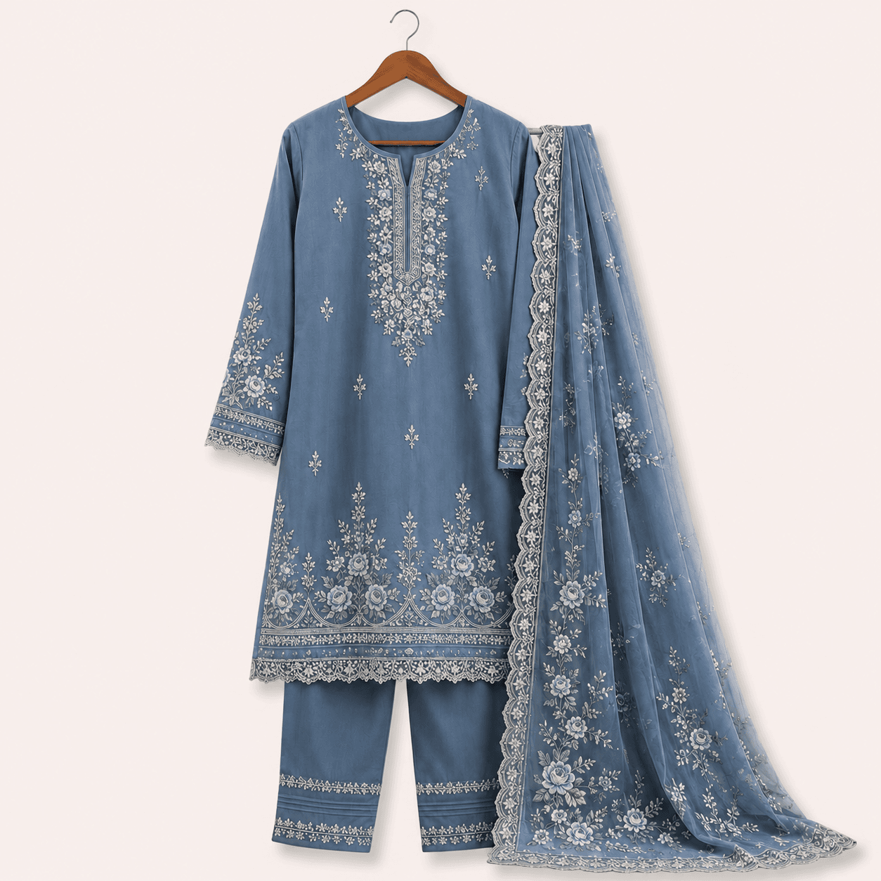 Womenâs Embroidered Three Piece Set - Dusty Blue & Dusty Pink - Image 1 of 2