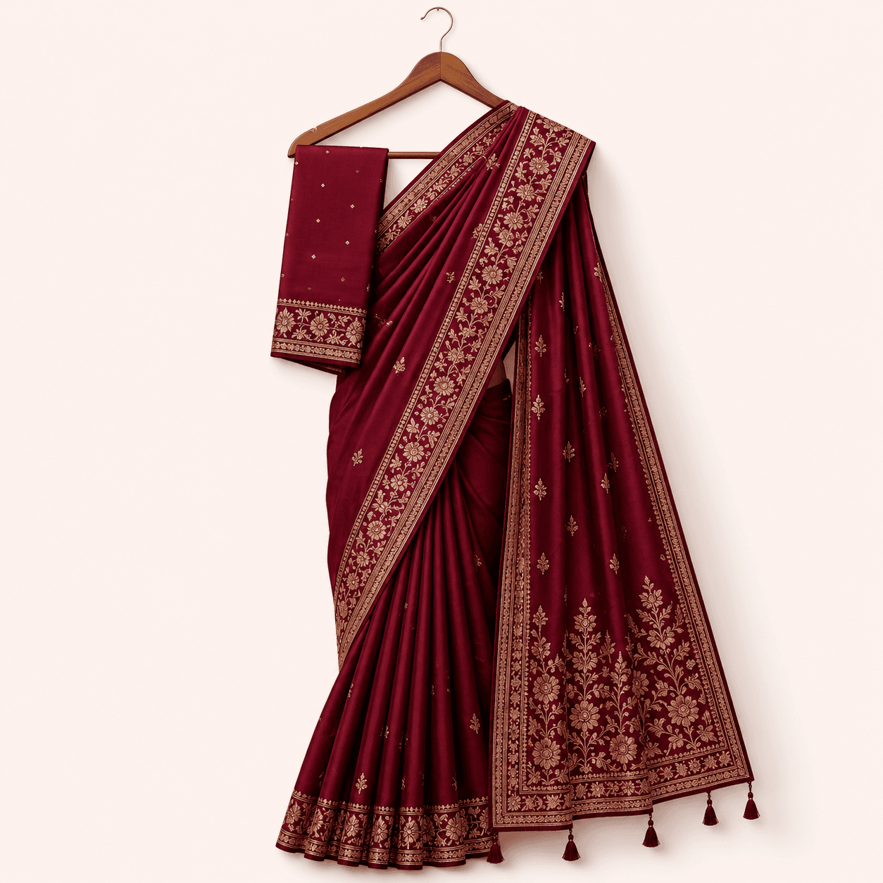 Womenâs Embroidered Party Wear Saree - Maroon & Royal Blue - Image 1 of 2