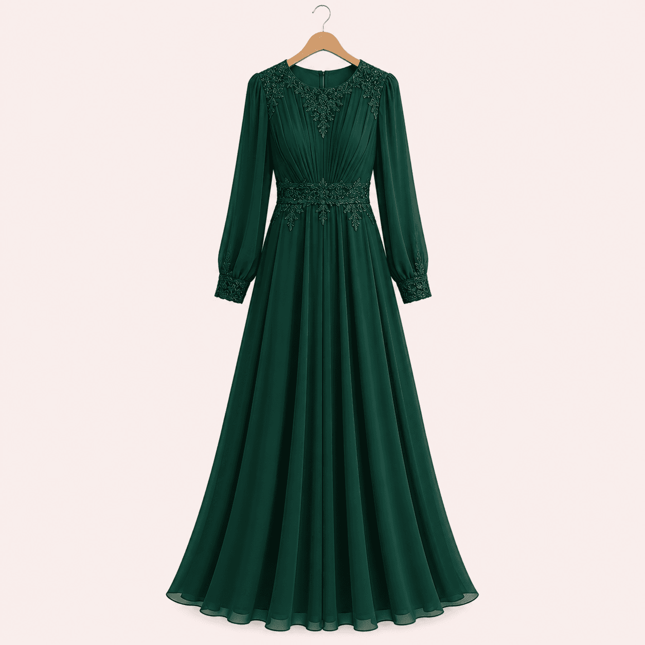 Womenâs Elegant Embroidered Gown - Emerald Green & Blush Pink - Image 1 of 2